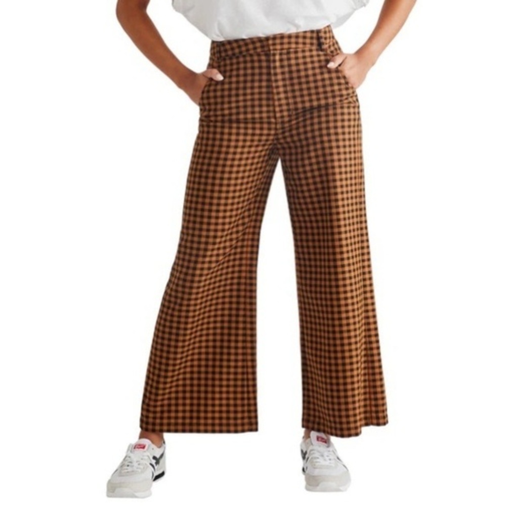 Free People Brown tan gingham high rise Mott street wide leg trouser pant.